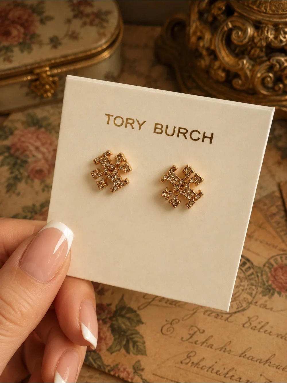 TORY BURCH • Rose Gold Crystal Logo Earrings
